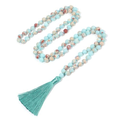 8MM Beads Chakra Long Mala Necklace Natural Stone Meditation Statement Necklace Japa Yoga Buddhist Rosary Prayer Charm Beaded Tassel Necklace - color: Shoushan Stone