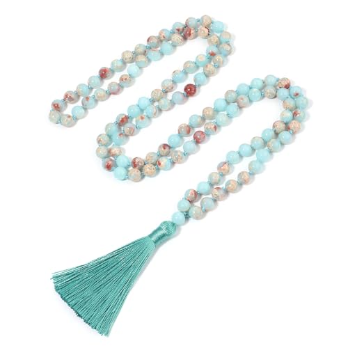 8MM Beads Chakra Long Mala Necklace Natural Stone Meditation Statement Necklace Japa Yoga Buddhist Rosary Prayer Charm Beaded Tassel Necklace - color: Shoushan Stone