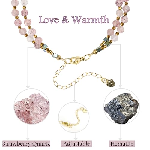 Farfume Beaded Bracelets for Women, Chakra Crystal 4mm Beads Gemstone Natural Stone Bead Spiritual Jewelry Gifts for Women - color: Strawberry Quartz-Love & Warmth