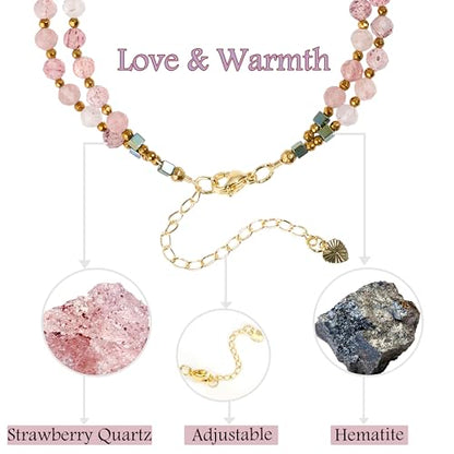 Farfume Beaded Bracelets for Women, Chakra Crystal 4mm Beads Gemstone Natural Stone Bead Spiritual Jewelry Gifts for Women - color: Strawberry Quartz-Love & Warmth