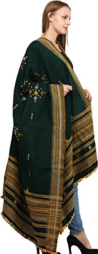 Exotic India Shawl from Kutch with Embroidered Bootis and Mirrors - Wool - color: Alpine Green