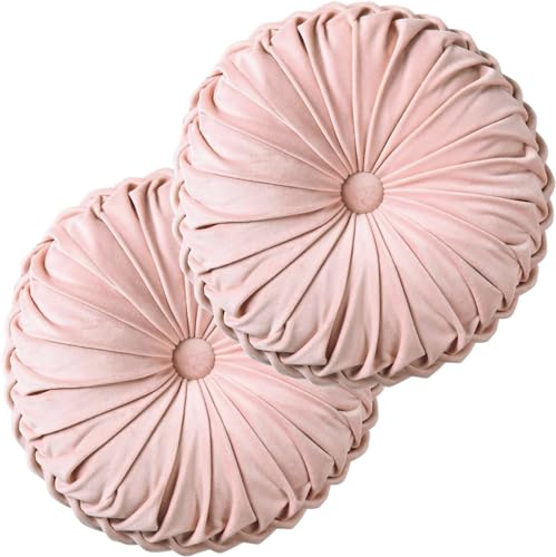 HIG Set of 2 Pink Ruched Velvet Round Throw Pillows – 14.5’’ Decorative Pillows with Soft Polyester Filling for Couch, Bed, Living Room, Bedroom, or Dorm – Handmade, Stress Relieving, All-Season - color: R-pink