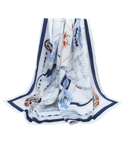 ANDANTINO 100% Silk Scarf 43" Large Square Lightweight Headscarf& Shawl–Women Hair Wraps-With Gift Packed - color: Nautical-blue&white