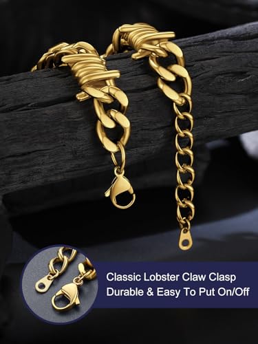 Bandmax Barbed Wire Chain Bracelets for Men Women Stainless Steel/Black/Gold Thorn Cuban Link Bracelet Adjustable Punk Emo Style Jewelry Gift - color: 12 12MM-Gold Plated