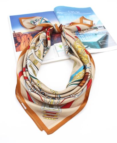 ANDANTINO 100% Pure Mulberry Silk Scarf 35" Large Square Lightweight Headscarf –Women’s Hair Wraps-With Gift Packed - color: Light Khaki&gold