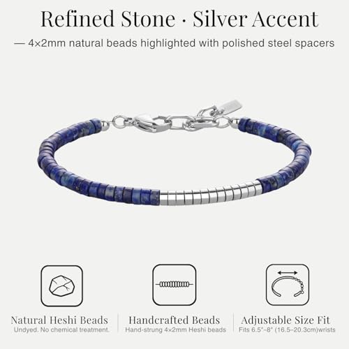 SAMYA Heshi Beaded Bracelet for Men, 4×2mm Natural Black Onyx/Tiger Eye/African Turquoise Beads, Adjustable Fit for 6.5”–8.0” Wrist with Stainless Steel Clasp - style: Lapis Lazuli