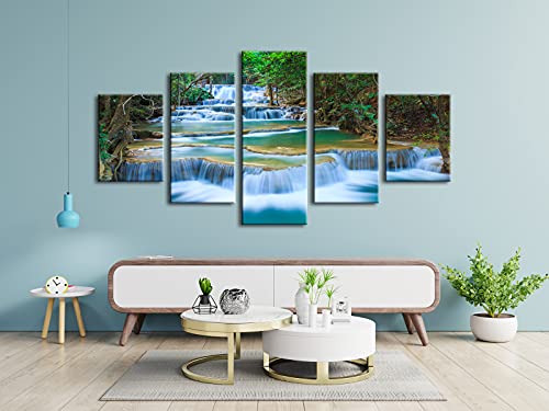 Wieco Art Peaceful Waterfall 5 Panels Large Canvas Paintings Wall Art Modern Gallery Wrapped Landscape Forest Giclee Canvas Print Artwork Photo Pictures for Living Room Bedroom Home Decorations L - size: 12x16inchx2pcs,12x24inchx2pcs,12x32inchx1pc