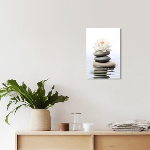 QIXIANG White Lotus Flower Canvas Wall Art Zen Stone Lotus Reflected on the Water Picture Prints for Serene Home Zen Enthusiasts Home Framed(Lotus-A,16.00" x 24.00") - color: Lotus-A, size: 16L" x 24W"
