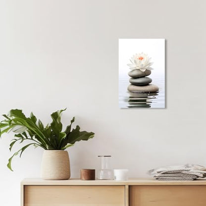 QIXIANG White Lotus Flower Canvas Wall Art Zen Stone Lotus Reflected on the Water Picture Prints for Serene Home Zen Enthusiasts Home Framed(Lotus-A,16.00" x 24.00") - color: Lotus-A, size: 16L" x 24W"
