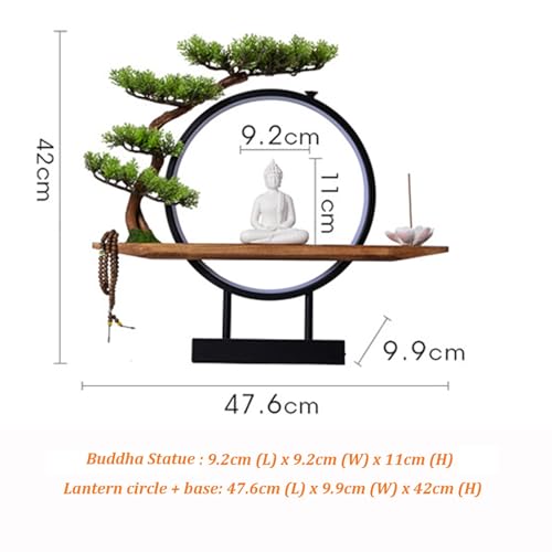 Zen Shakyamuni Buddha Statue with LED Light Ring, Bonsai Tree Decorative Buddha Figurine Set with Sturdy Metal Frame, USB-Powered Meditating Home Decor(Green)