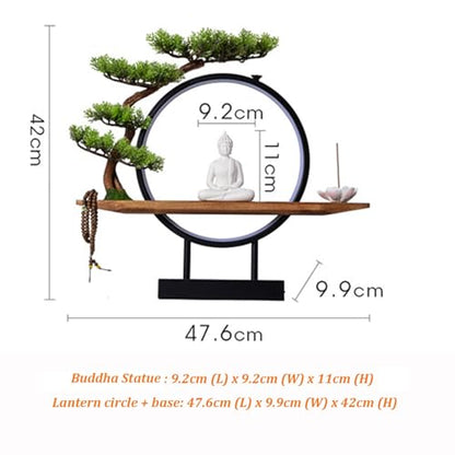 Zen Shakyamuni Buddha Statue with LED Light Ring, Bonsai Tree Decorative Buddha Figurine Set with Sturdy Metal Frame, USB-Powered Meditating Home Decor(Green)