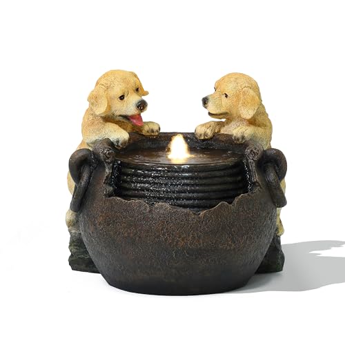 LuxenHome Outdoor Water Fountain, 16 Inch Adorable Puppies Resin Water Fountains Indoor with LED Lights, Farmhouse Waterfall Outdoor, Indoor Fountains and Waterfalls for Patio, Garden Decor - color: Brown D