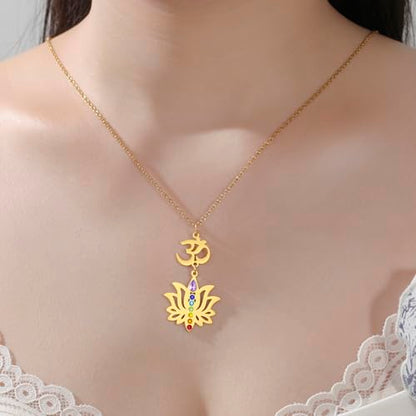 VASSAGO Lotus Flower Chakra Necklace for Women Lotus Flower Necklace 7 Chakra Pendant OM Symbol Buddha Amulet Spiritual Healing Jewelry Yoga Meditation Gift - color: Gold 2