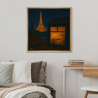 SIGNWIN Framed Canvas Print Wall Art Cozy Paris Rooftop View with Eiffel Tower Romantic Night Illustrations Fine Art Farmhouse/Country for Living Room, Bedroom, Office - 16"x16" NATURAL - color: BS18-2507-SAR09, size: 16L" x 16W"