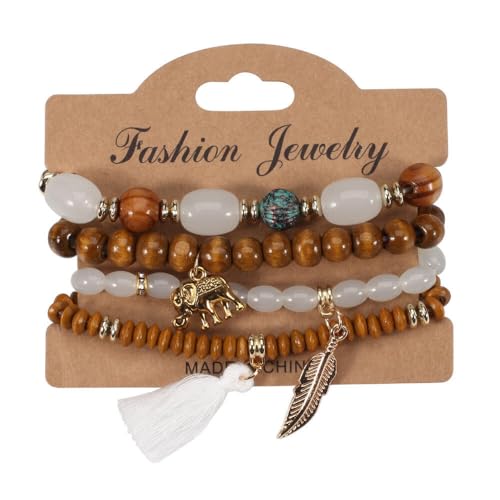 Caiyao 4Pcs Bohemia Multilayer Stackable Elephant Leaf Tassel Bracelets Colorful Wooden Resin Beaded Stretch Bracelets for Women Men Summer Beach Boho Vacation Hawaii Jewelry Gifts - style: StyleA