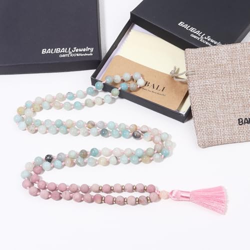 8MM Beads Chakra Long Mala Necklace Natural Stone Meditation Statement Necklace Japa Yoga Buddhist Rosary Prayer Charm Beaded Tassel Necklace - color: Matte Rhodonite