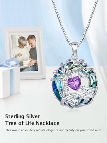 TOUPOP s925 Sterling Silver Family Celtic Tree of Life Pendant Necklaces with 2 Heart Birthstone with Blue Austrian Crystal Jewelry Birthday Valentines Day Gifts for Her, Anniversary Christmas Gifts for Wife Girlfriend Mom (18K Real White Gold Filled) - c