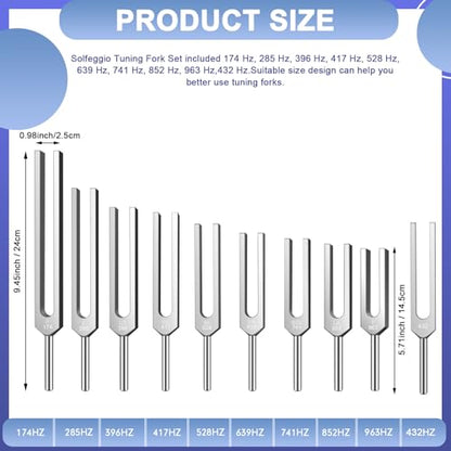Solfeggio Tuning Fork Set - 10 Silver Tuning Forks Perfect for DNA Healing with Exquisite Aluminum Gift Box (174 Hz, 285 Hz, 396 Hz, 417 Hz, 432Hz, 528 Hz, 639 Hz, 741 Hz 852 Hz, 963 Hz) - color: Solfeggio silver B