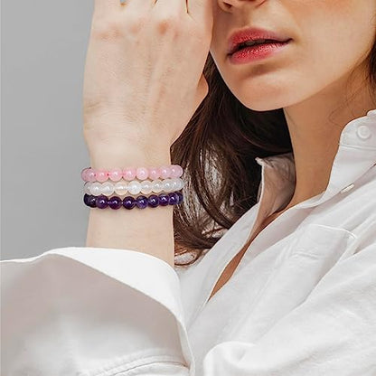 3 PCS Healing Crystal Bracelets for Women 8mm Natural Stone Beaded Stretch Bracelet Amethyst Jewelry Gifts - color: 01 8mm Rose Quartz