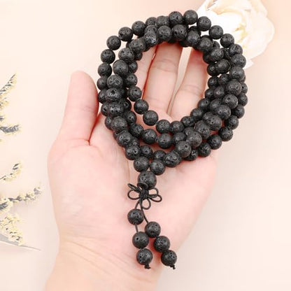 AD Beads 6mm 8mm 108 Prayer Mala Jasper Elastic Bracelet - Handmade Yoga Meditation Healing Power Energy Gifts for Unisex Adult. - color: Black Lava(Warmth)