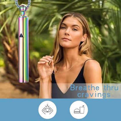 Anxiety Breathe Easy Necklace Mindfulness Breathing Necklace Breathlace Stainless Steel Pendant for Natural Calm & Stress Relief - color: Rainbow T