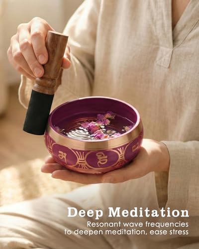 Tibetan Singing Bowls – Hand-Hammered in Nepal, Authentic Meditation Sound Bowls for Yoga, Chakra Healing, Mindfulness & Spiritual Self-Care Gifts for Women - color: Red(Lotus)