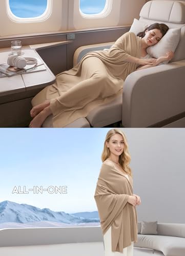 Women's Wool Blend Travel Scarf Lightweight Breathable Wrap Pashmina Airplane Blanket Shawl - color: Brown