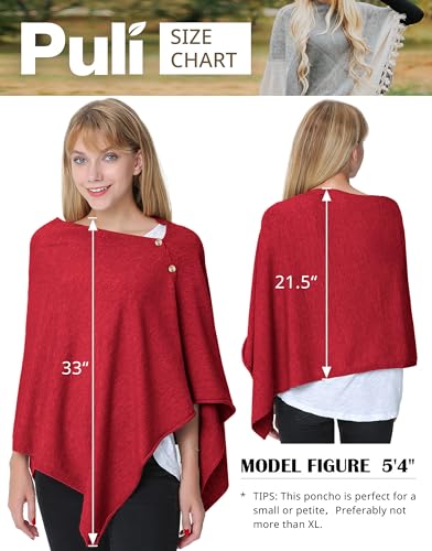 PULI Women's Versatile Knitted Shawls Scarf Poncho Sweater with Buttons Lightweight Spring Summer Fall Wraps - color: A-red