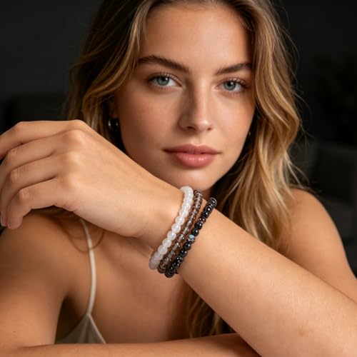 3PCS Agate Bracelet for Women Men Natural Round Beaded Agates Stone Healing Stretch Bracelets Elastic Handmade Polished Gemstone Beads Bracelet - color: White+Grey+Black White