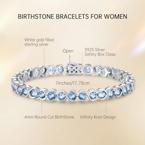 Birthstone Bracelets for Women, Sterling Silver 7 Inch Infinity Tennis Bracelet, Wedding Anniversary Birthday Jewelry Gifts for Women Wife Girlfriend Mom Her - color: 03-Mar-Aquamarine