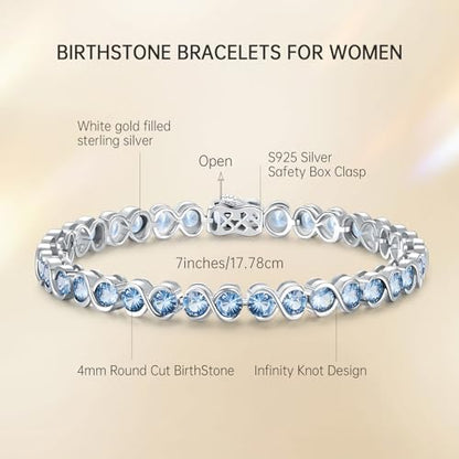 Birthstone Bracelets for Women, Sterling Silver 7 Inch Infinity Tennis Bracelet, Wedding Anniversary Birthday Jewelry Gifts for Women Wife Girlfriend Mom Her - color: 03-Mar-Aquamarine