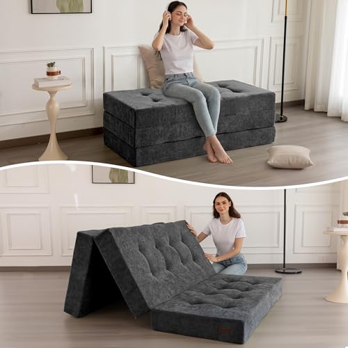 MAXYOYO 6" Folding Sofa Bed for Floor, Tufted Tri-Fold Floor Couch Bed with Chenille Fabric, Twin Size Portable Sofa Couch Guest Mat for Adults, Foldable Topper for Camping, Dark Grey, 35.4"x75" - color: Dark Grey, size: Twin
