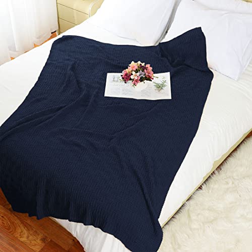 uxcell 100% Cotton Cable Knit Throw Blanket,Soft Lightweight Lap Blanket,Textured Solid Sofa Throw Couch Cover Decors Knitted Blankets, Navy Blue 50"x 60" - color: Navy Blue