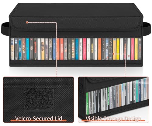 Home CD Storage Case Organizer Bag for Cassette CD, Portable and Large Capacity with Transparent Cover Carrying Handles and Zipper, Black (Black-Side Window, 2 Pack) - size: 2 Pack