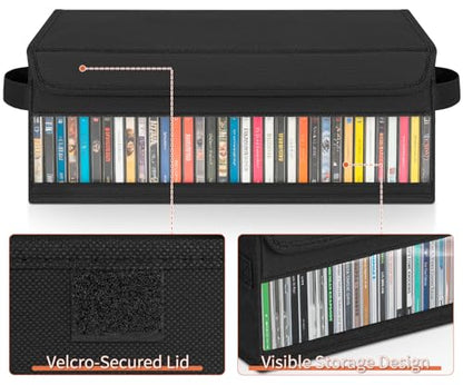 Home CD Storage Case Organizer Bag for Cassette CD, Portable and Large Capacity with Transparent Cover Carrying Handles and Zipper, Black (Black-Side Window, 2 Pack) - size: 2 Pack