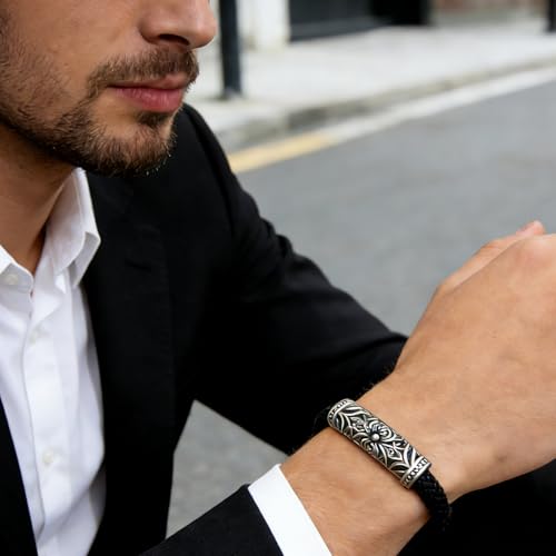 Men's Leather Bracelet, Stackable Stainless Steel Clasp Bracelets for Men Stylish Birthday, Thanksgiving, Valentine's Day Gift for My Man - style: 8.6"