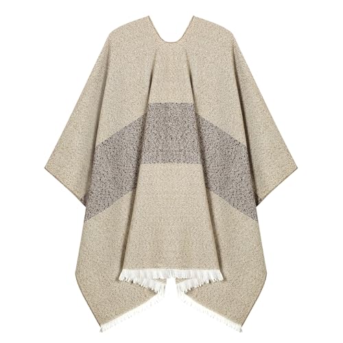 Women Shawl Wrap Poncho Cape Cardigan Open Front Coat Warm Scarf for Spring Fall Winter Cold Weather Days - color: Light Khaki Beige