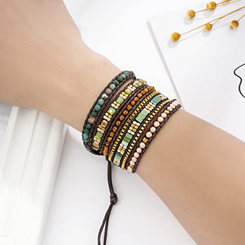 Plumiss Women Boho Handmade Natural Stone Crystal Leather Bead Wrap Bracelets Collection - style: Green Stylish 5W