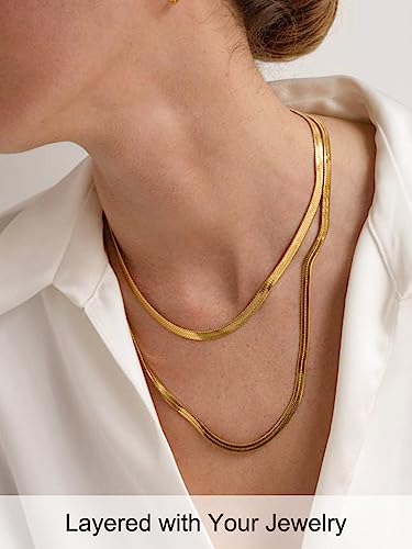 FOCALOOK 14K Gold Plated Necklaces for Women, Fashion Herringbone Choker Necklace Stainless Steel Flat Snake Chain 3/5MM(W) 12.5"/15"/18"+3.5"(L) - color: 5MM-14K Gold-18"