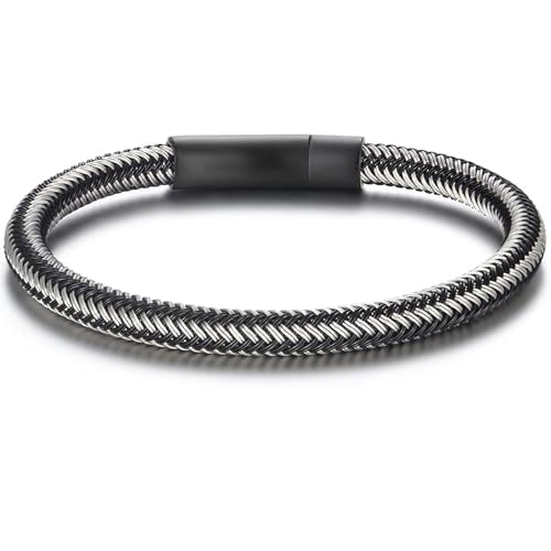 Men's Leather Bracelet, Stackable Stainless Steel Clasp Bracelets for Men Stylish Birthday, Thanksgiving, Valentine's Day Gift for My Man - style: 9" Silver and Black Cord