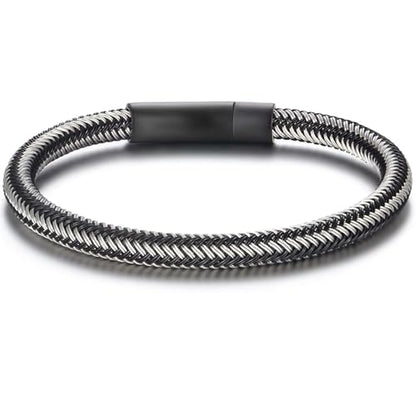 Men's Leather Bracelet, Stackable Stainless Steel Clasp Bracelets for Men Stylish Birthday, Thanksgiving, Valentine's Day Gift for My Man - style: 9" Silver and Black Cord