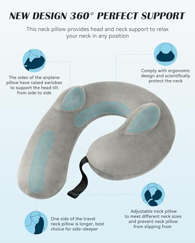 Patented Design Inflatable Travel Neck Pillow – Airplane Neck Pillow with 360° Head & Neck Support, Soft Washable Velvet Cover, Compact Neck Support Pillow for Airplane,Train,Car,Office & Home (Grey) - color: Gery