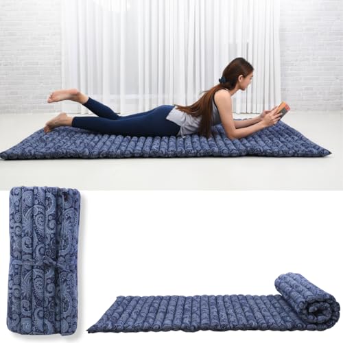 Leewadee - Foldable Floor Mattress - Japanese Roll Up Futon -Trifold Tatami Mat- Guest Floor Bed - Camping Mattress - Thai Massage Mat, Kapok Filled, 75 x 28 inches, Blue White - color: Cbt1 - Blue, size: M: 75x28"