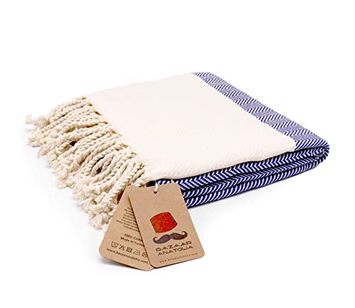 Turkish Beach Towel 100% Cotton Bath Towels 71x39 Quick Dry Sand Free Lightweight Large Oversized Herringbone Dark Blue