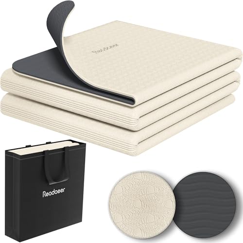 Readaeer Foldable Yoga Mat for Travel Folding Yoga Mat 6mm Thick with Carrying Bag, Non-Slip TPE Exercise Pilates Mat for 72" L x 24" W x 0.24 Inch - color: Beige