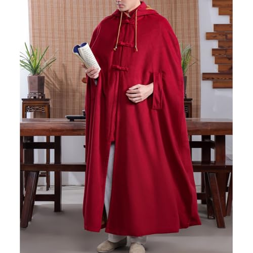 Meditation Prayer Hooded Cloak Long Button Down Unisex Cape Double Layer Warm Medieval Coat Poncho - color: Red, size: Medium
