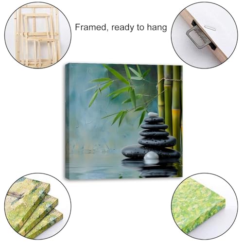Framed Canvas Wall Art Zen Stones and Bamboo Oil Painting Artwork Picture Posters Wall Decor for Living Room Bedroom Bathroom Office Home Decoration 12x12 in