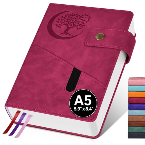 PAIBAS A5 Leather Lined Journal Notebook, 5.9"x8.4" 366 Pages 100GSM College Ruled Hardcover Diary with 3 Ribbon Bookmarks, Brass Snap & Front Pocket, Journals for Writing Work Travel Men Women - color: Wine Red, size: A5 (5.9" x 8.4")