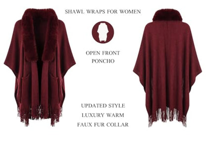 Ferand Shawl Wraps for Women, Cozy Lightweight Poncho Cape with Pockets, Warm for Fall Winter Travel - color: Dark Red With Faux Fur Collar