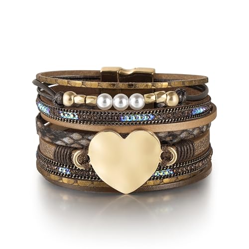 Edoneery Leather Wrap Bracelet for Women, Boho Handmade Multi-Layer Cuff with Crystal Beads Heart, Stackable Bangle Western Jewelry Gift - style: Pearl Heart(Brown)